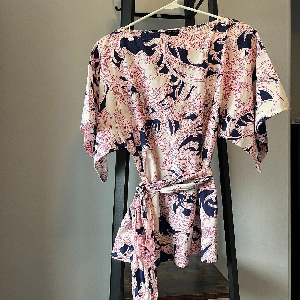Talbots Tropical Print Top - Tie Belt - Silk Cotton blend- XS - Like New
